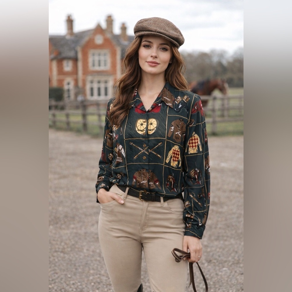 Vintage Equestrian horse Shirt Womens Sz 14 British Khaki Robert Jofson 90s Rare